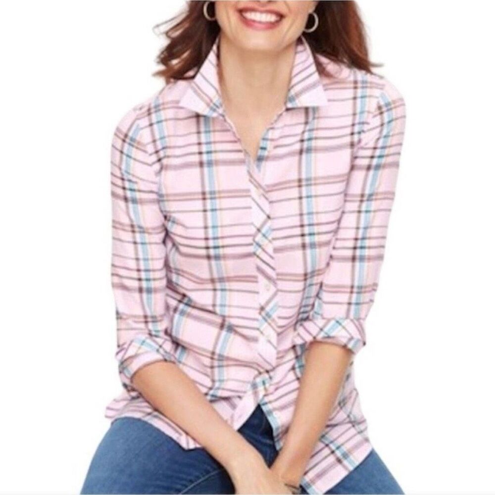Talbots Button Up Plaid Top Size Medium Pink 100% Cotton Preppy
